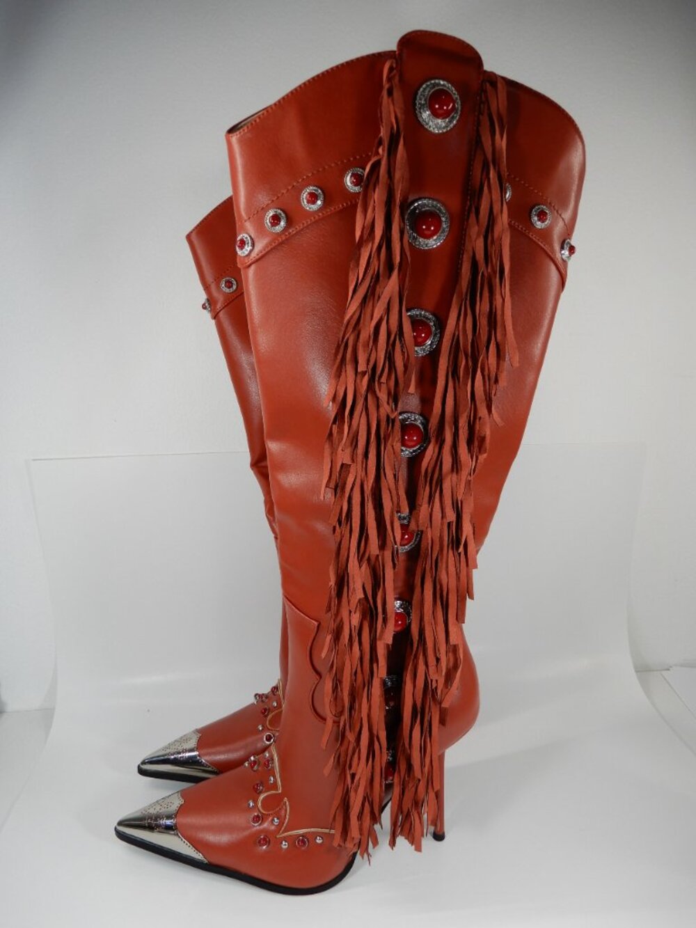 AZALEA WANG Pelagiana Boots Red Fringe Rhinestone Western Stiletto Heels NEW - Picture 5 of 8